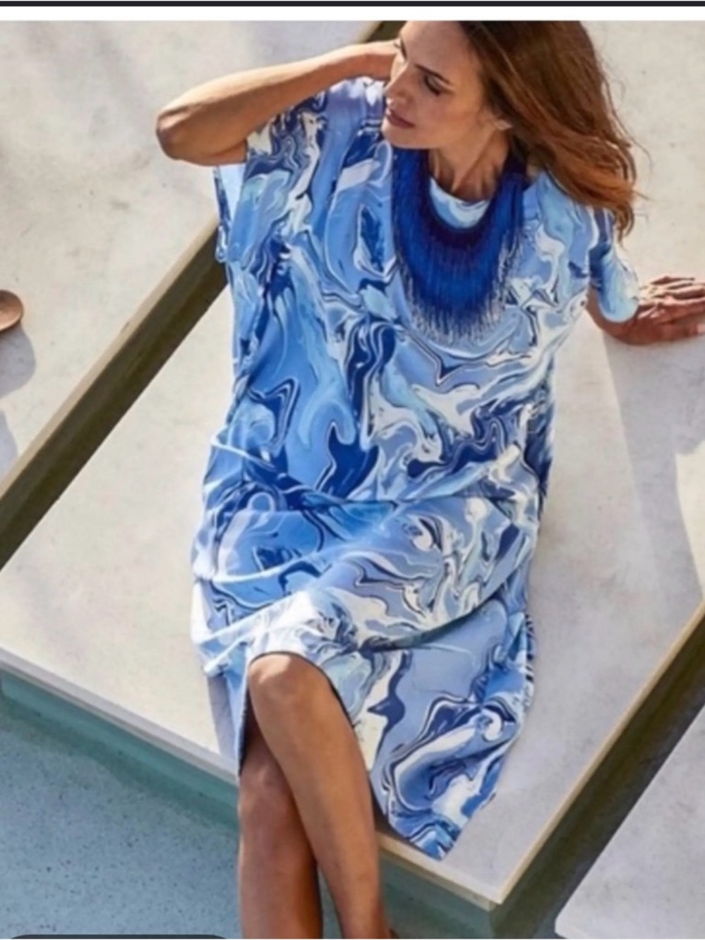Chico's Size 0 (4/6) Blue Marble-Print Swim Coverup Midi Asymmetrical Dress